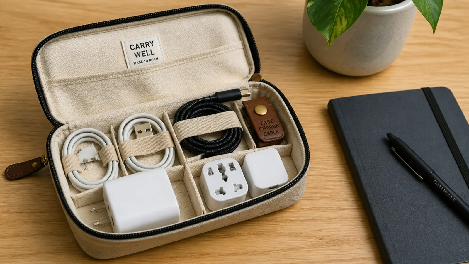 zip pouch holding coiled cables adapters and a small power block
