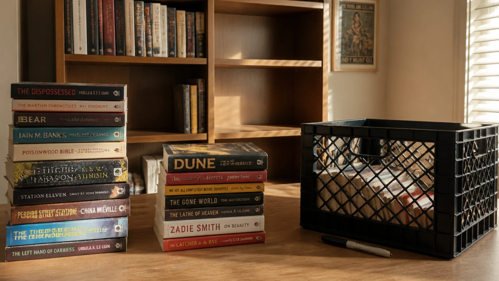 two book stacks separated on a desk with a labelled crate below