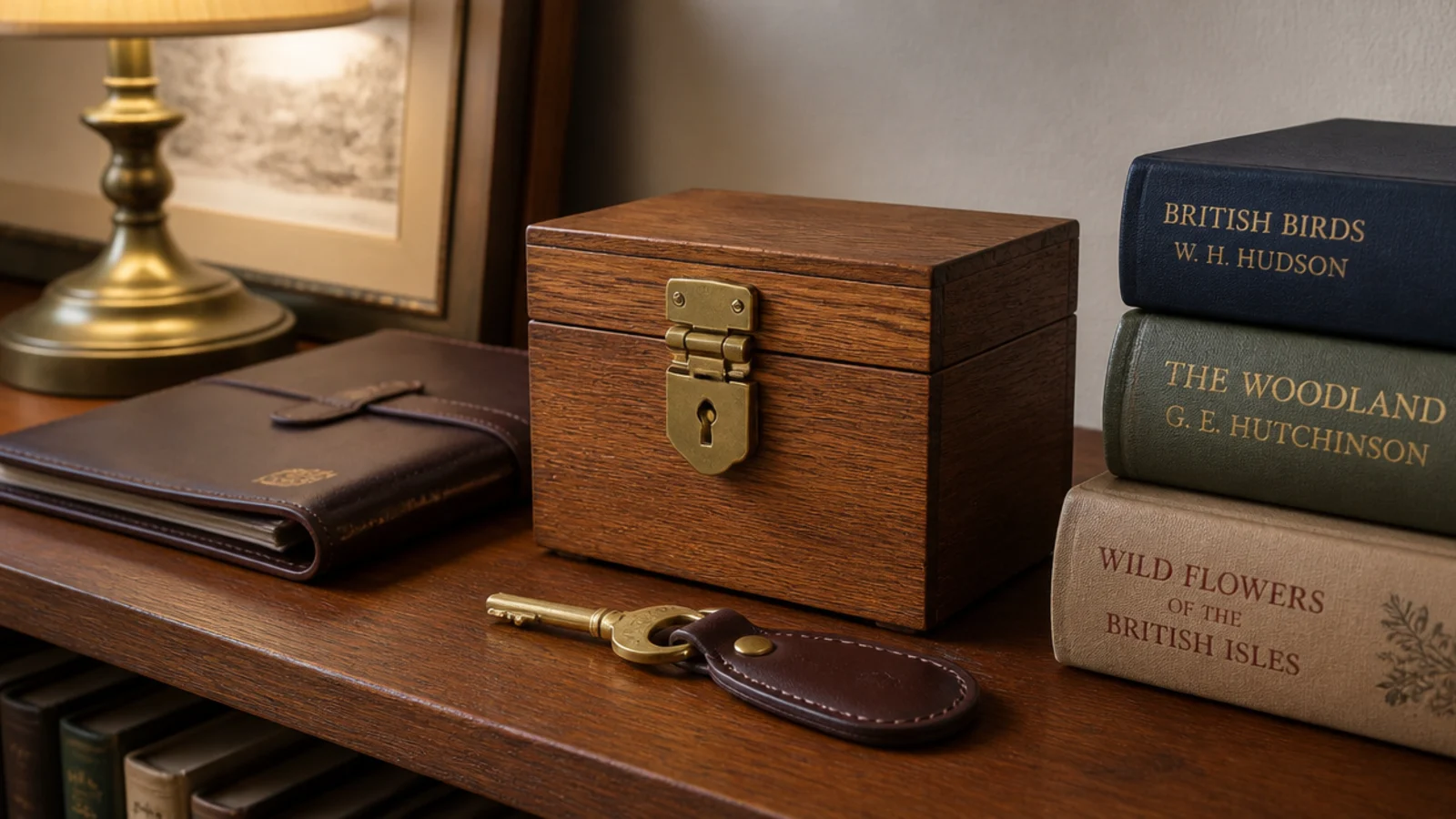 small lockable timber box sitting on a shelf beside folded documents