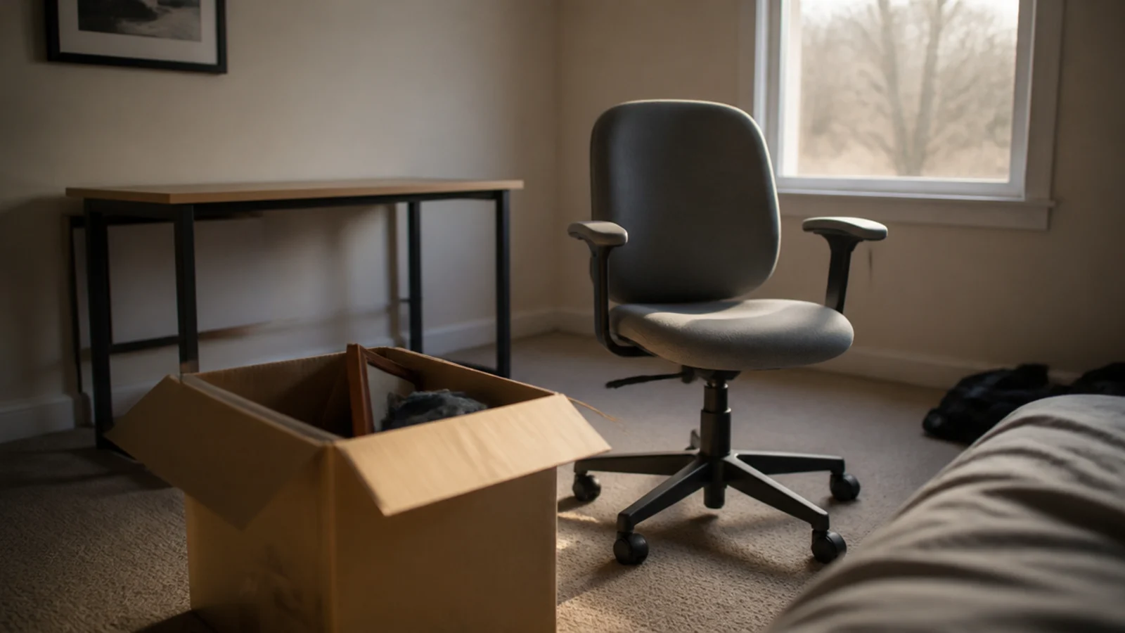 well made task chair beside a partly packed cardboard moving box
