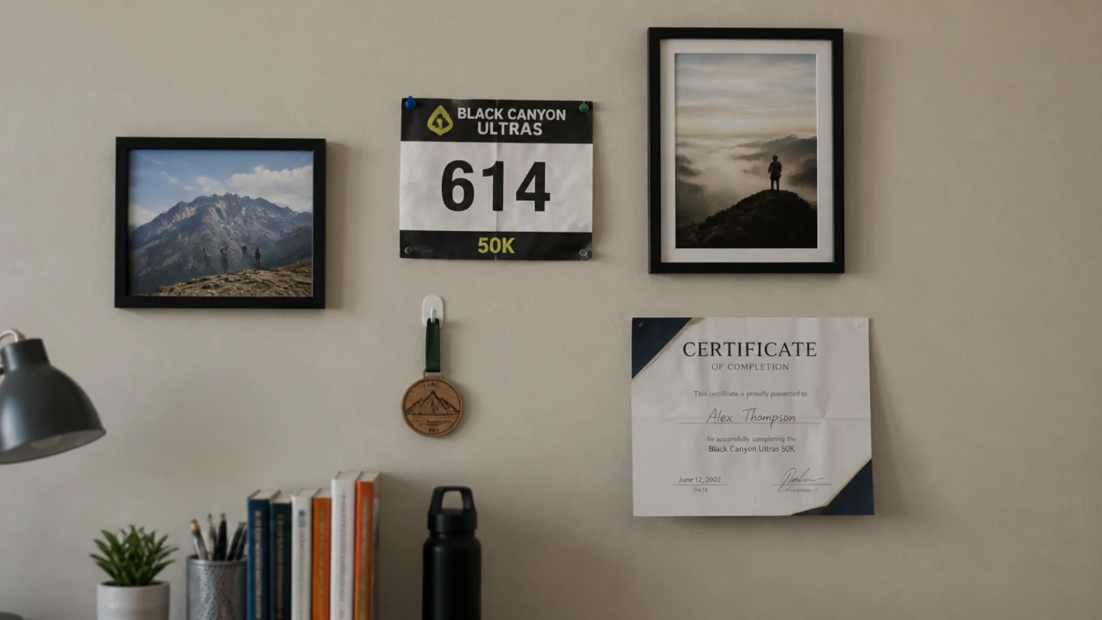 framed photographs and a race number pinned above a study desk