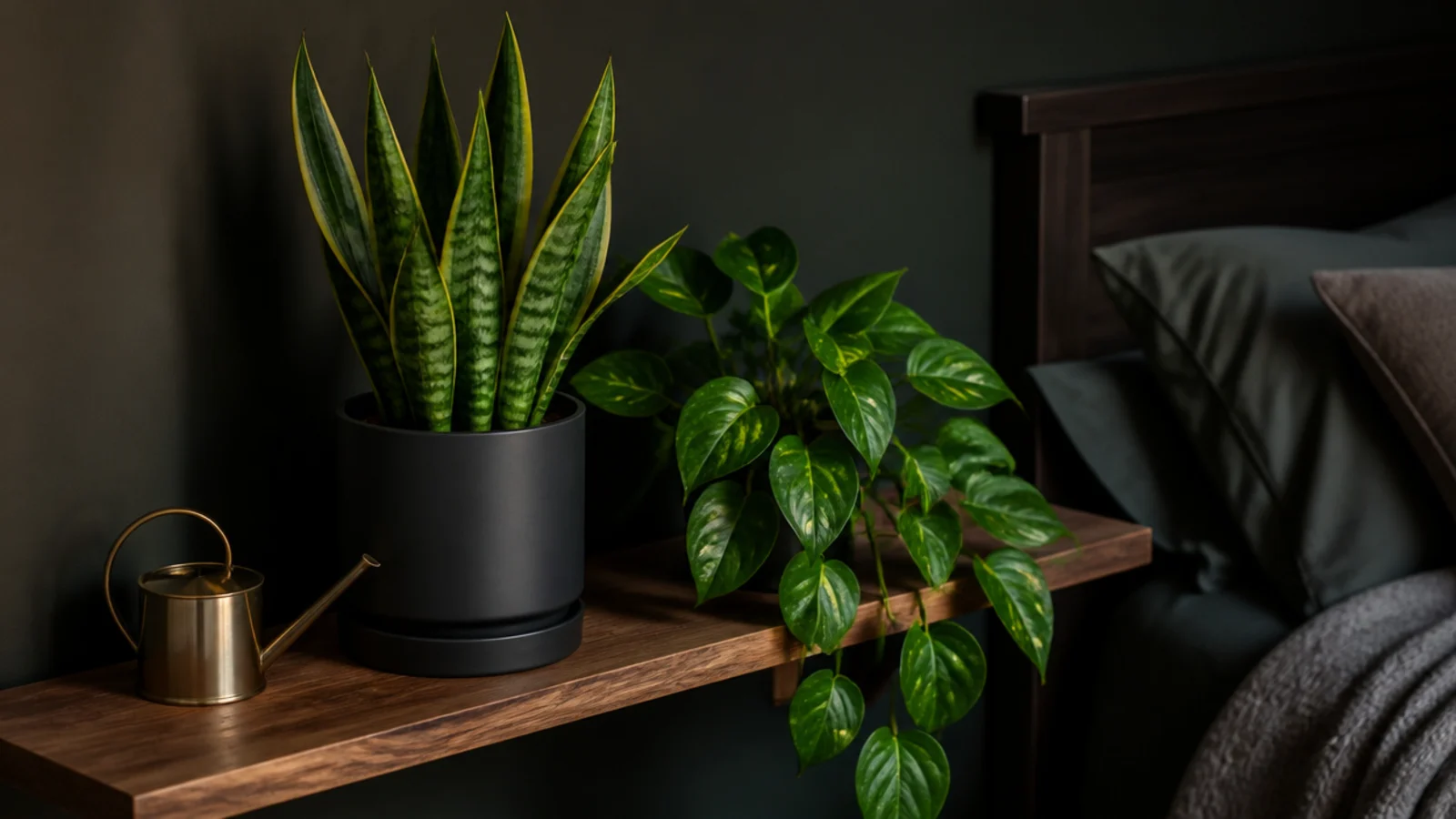 snake plant and pothos on a shelf in a dim bedroom corner