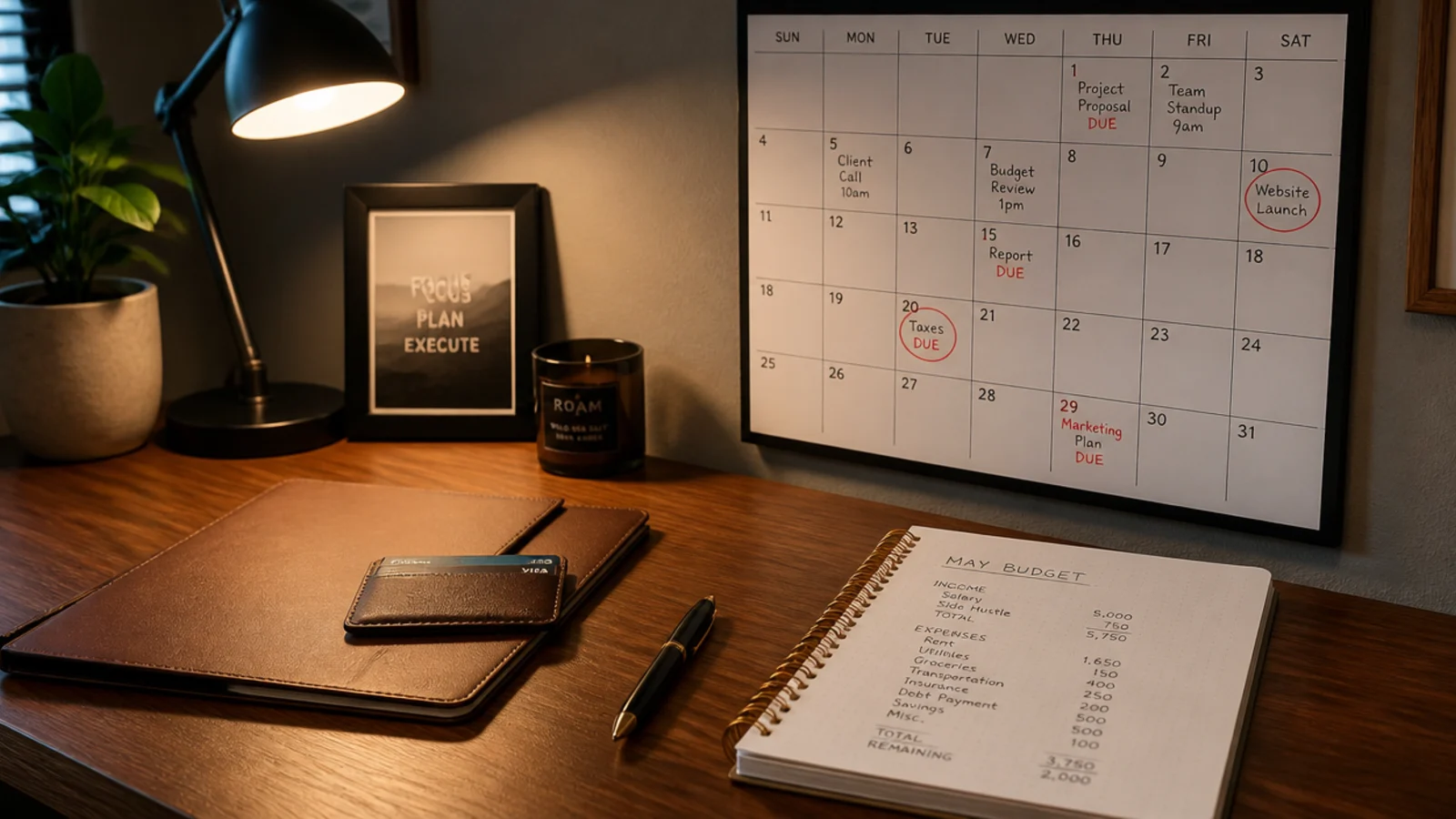 small desk corner with a folder card wallet and a wall calendar