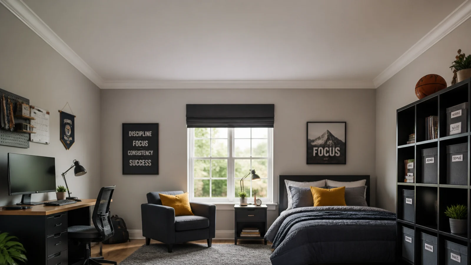 tall older teen boy bedroom view with desk armchair and storage cubes
