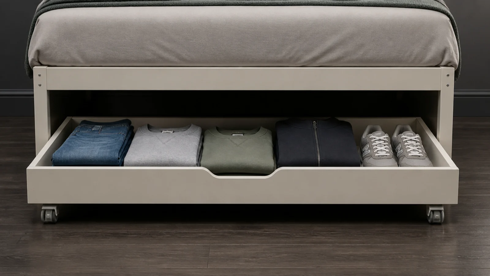 rolling storage drawer on castors pulled out from under a bed