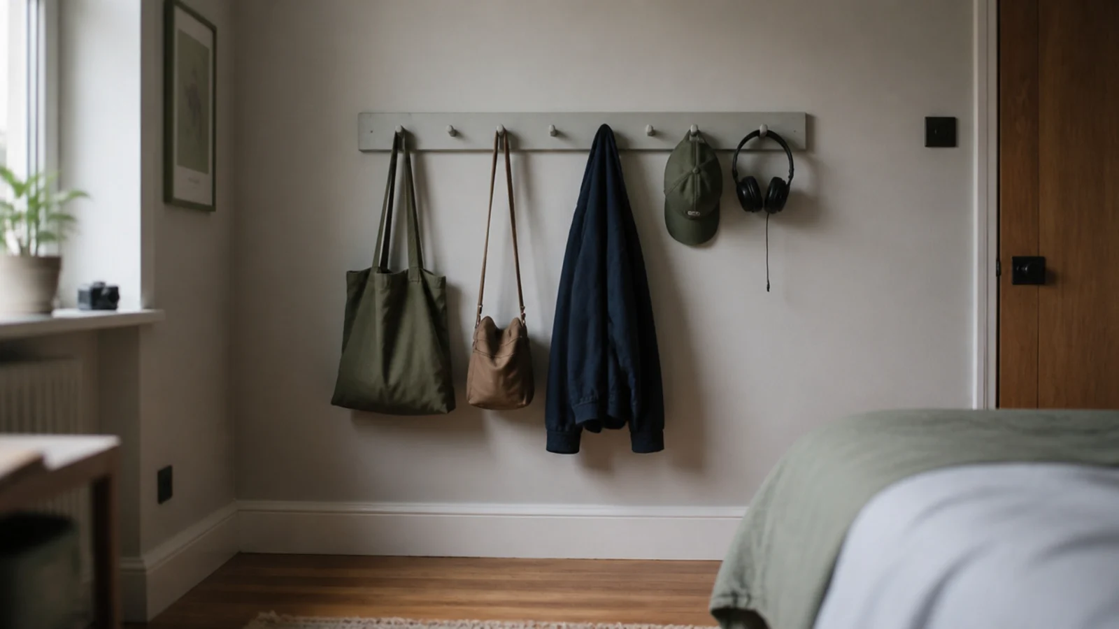 peg rail carrying bags jackets and caps along a small bedroom wall