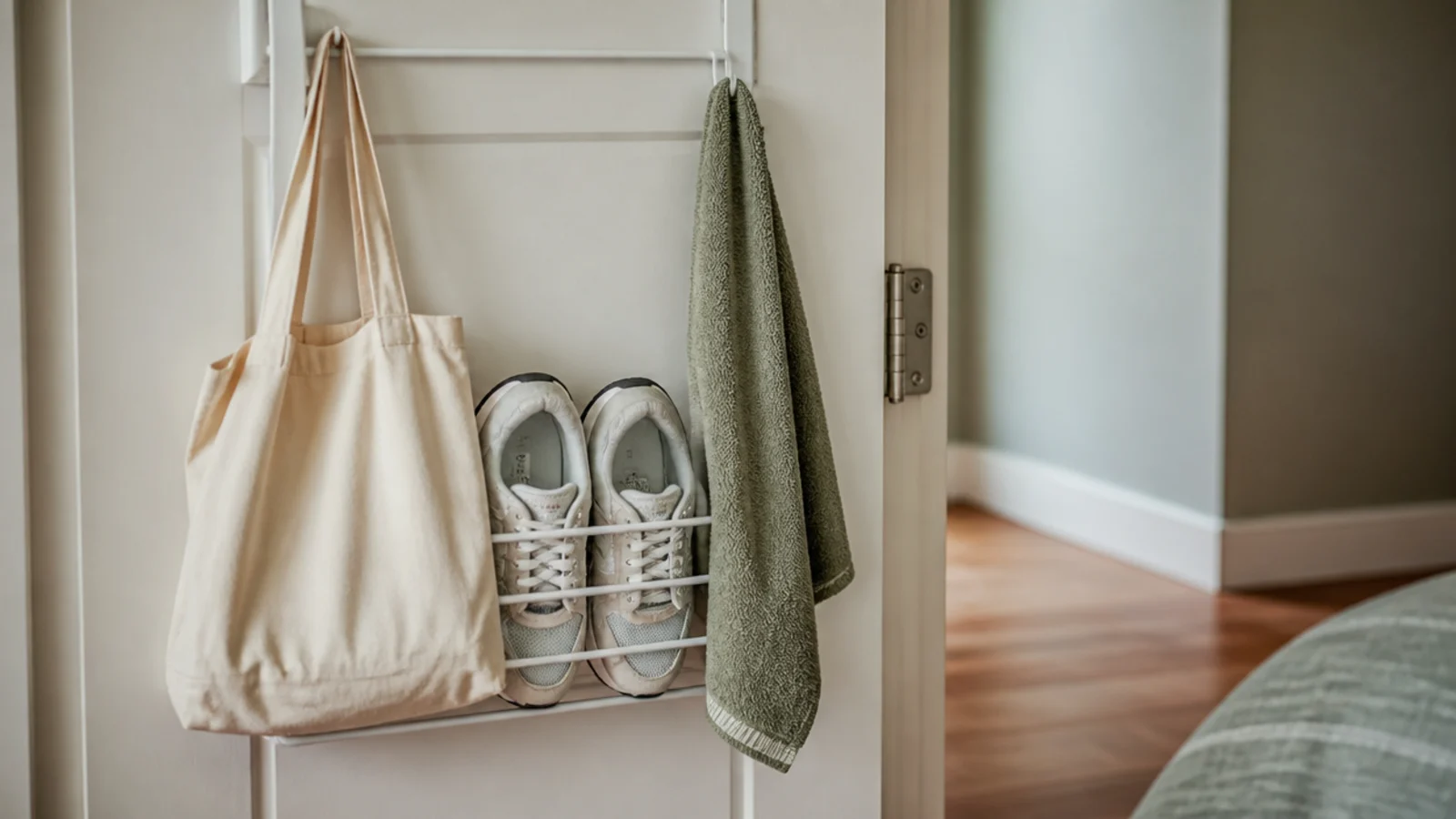 over door rack holding shoes and a bag behind a bedroom door