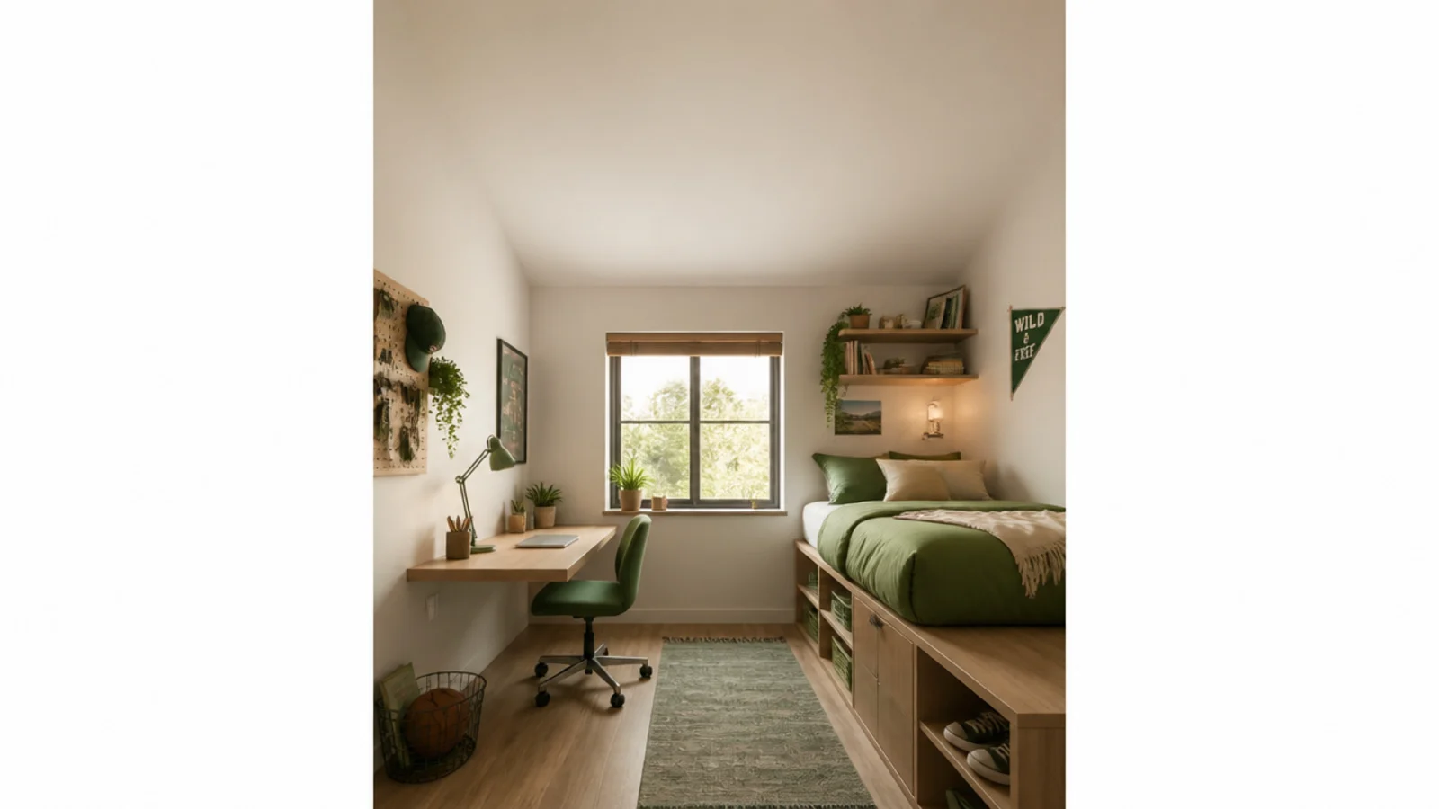 tall small teen boy bedroom view with wall desk raised bed and shelves
