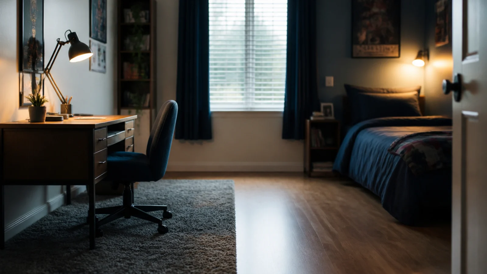 bedroom divided into a desk zone and a bed zone by flooring