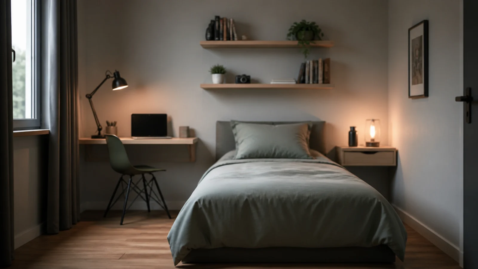bedroom where desk shelves and nightstand are all wall mounted