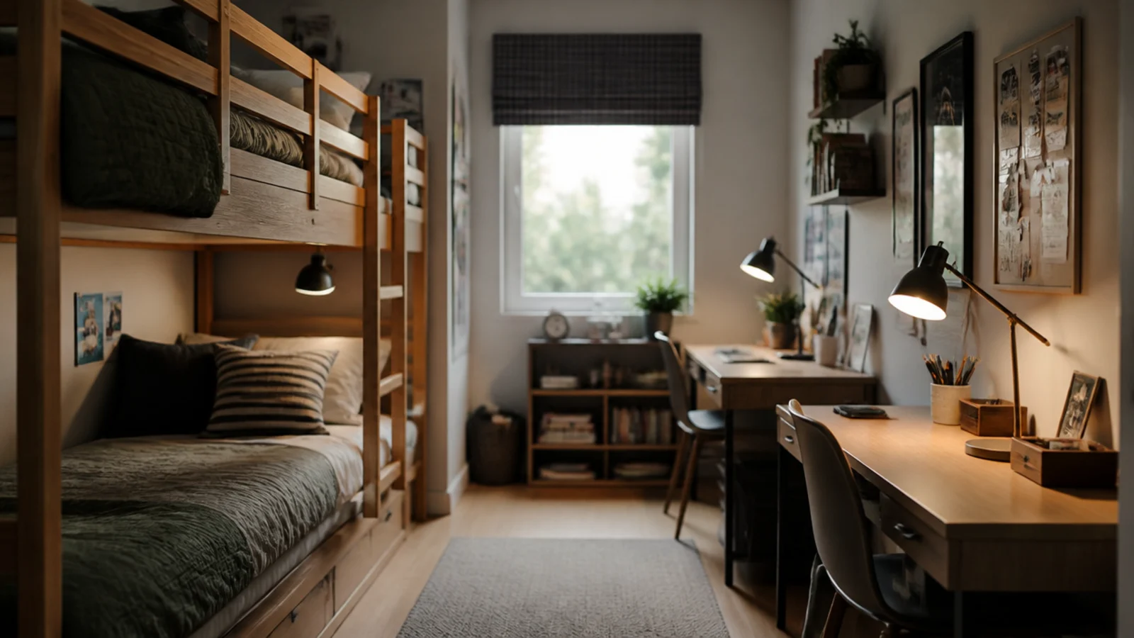 bunk beds against one wall with two desks along the opposite wall