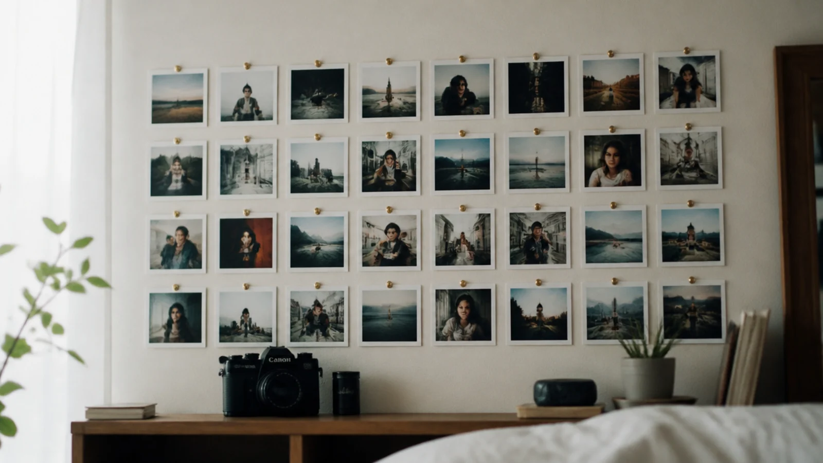 grid of small printed photographs pinned evenly across a wall
