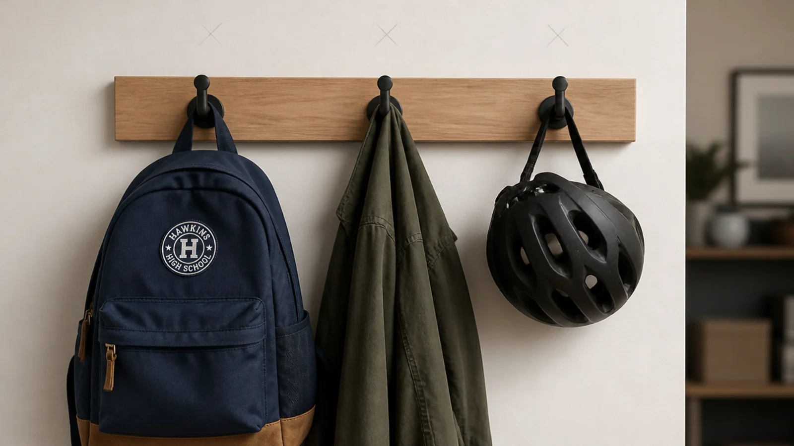 row of black hooks holding a loaded backpack coat and helmet