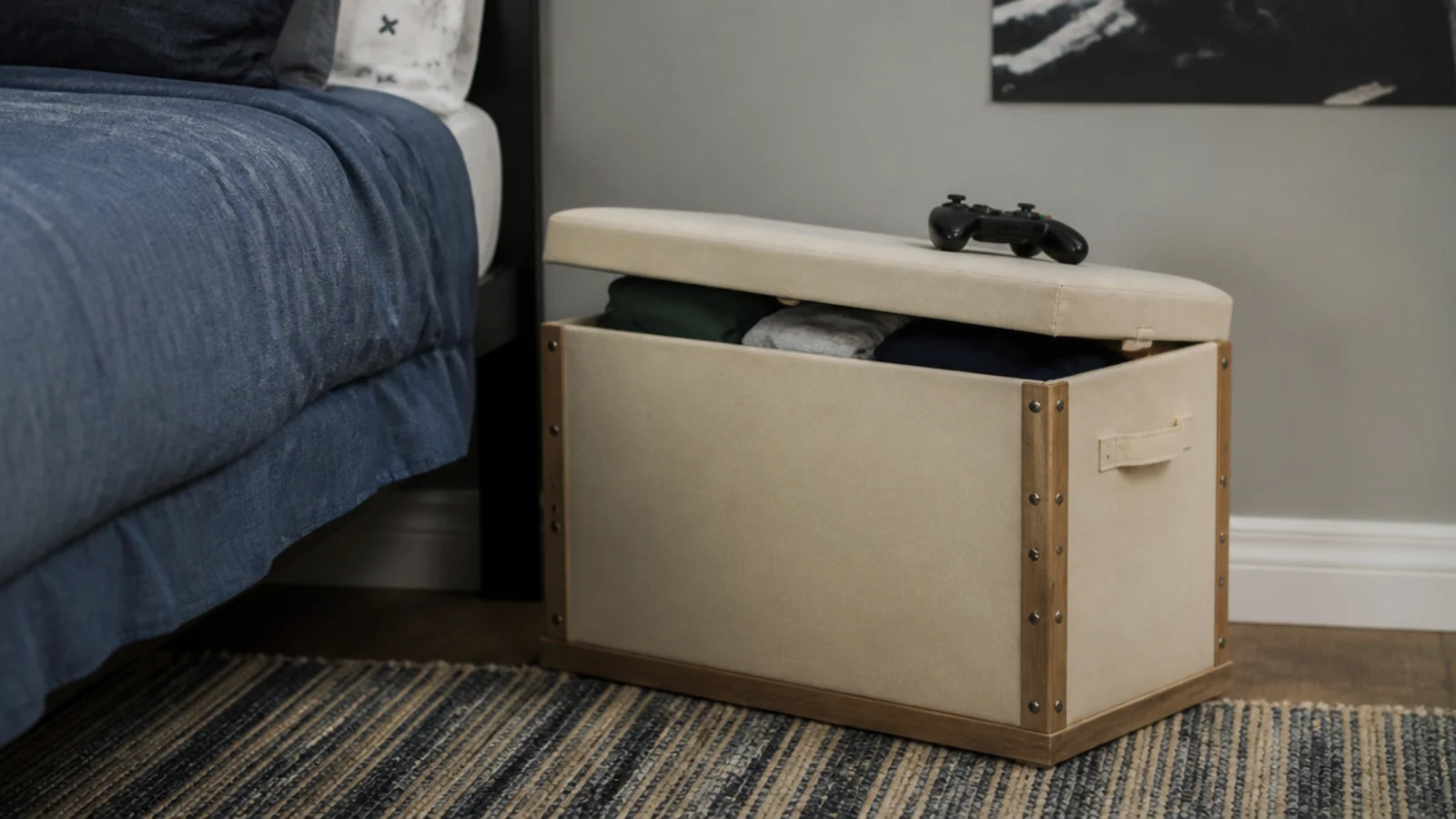 canvas storage ottoman used as a seat beside a teenage bed