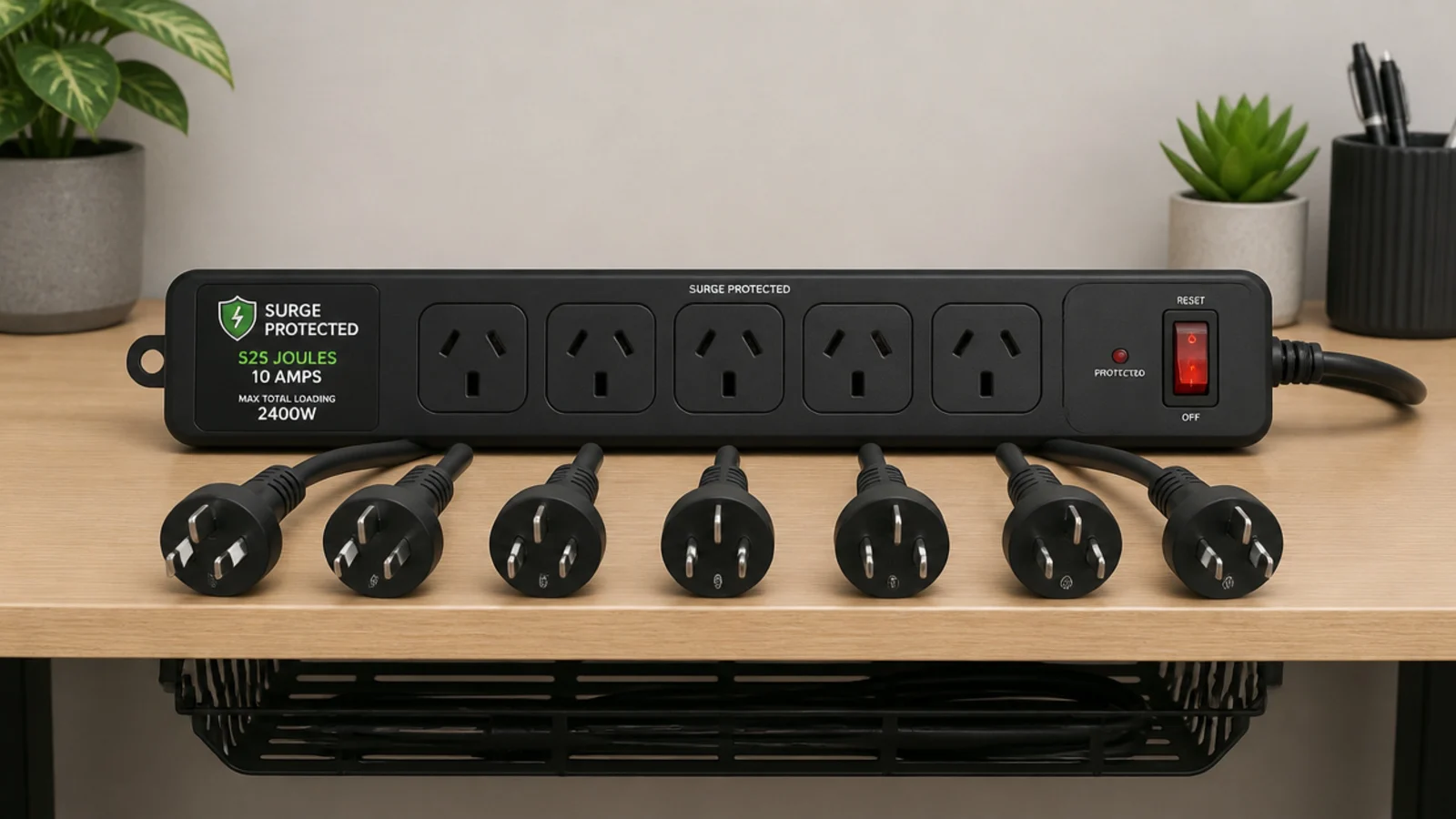 surge protected extension lead with its joule rating label visible
