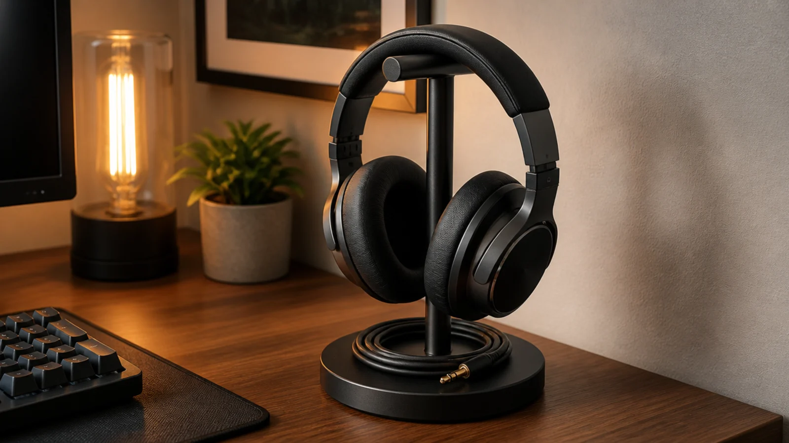weighted metal headphone stand holding over ear headphones on a desk