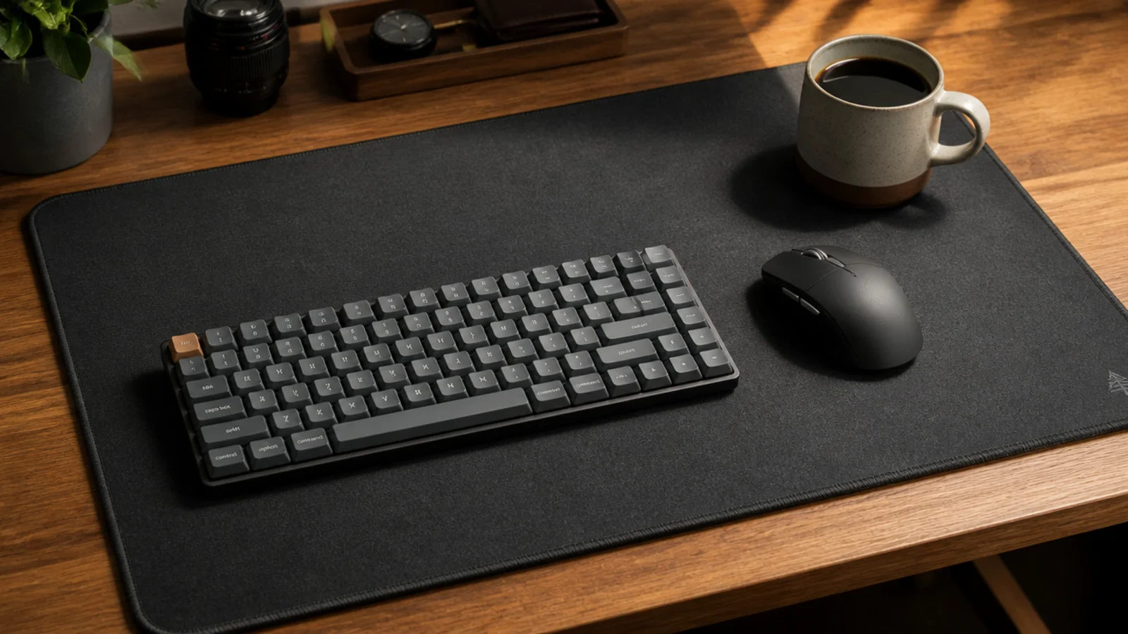 large stitched edge desk mat under a keyboard mouse and mug