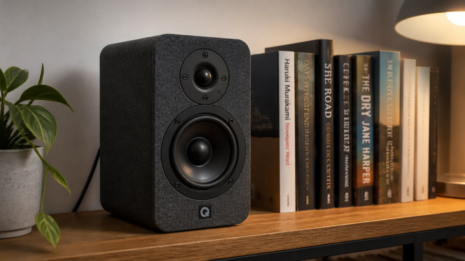 single compact bookshelf speaker standing on a shelf beside books