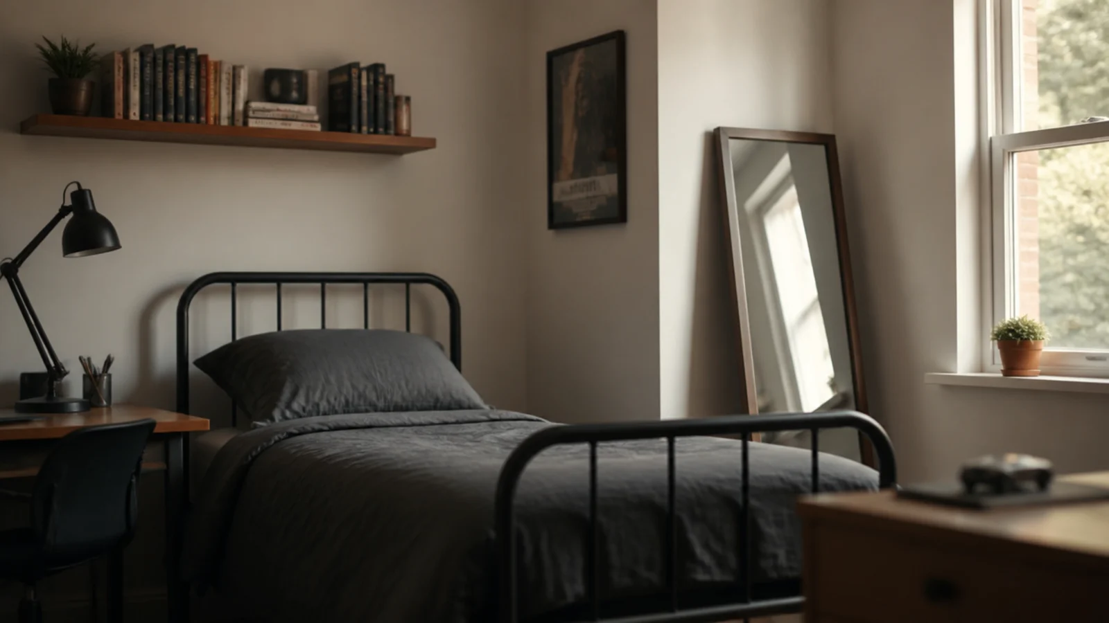 teen boy bedroom decor laid out across a desk shelf and made bed