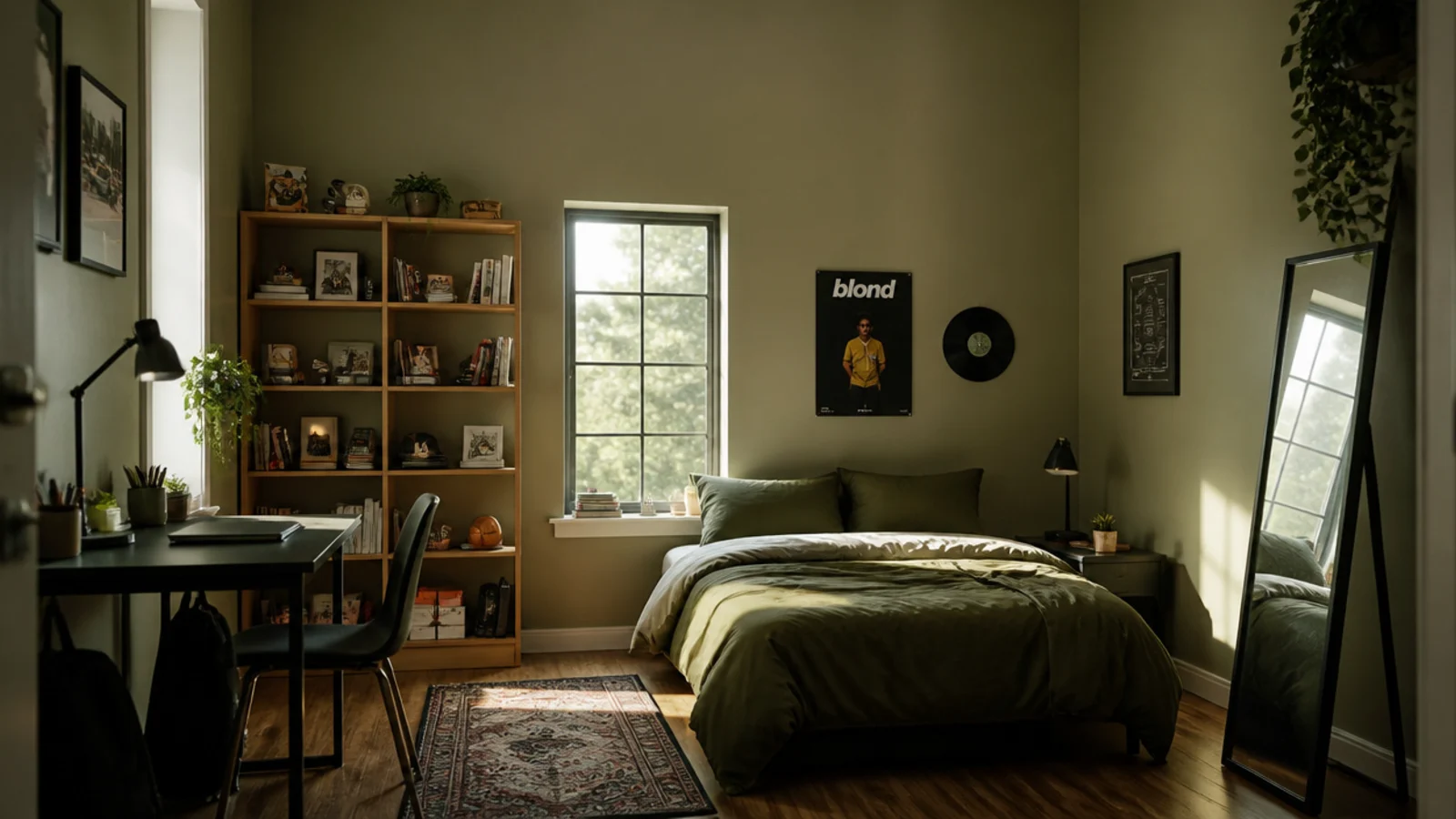 tall view of teen boy bedroom decor across shelving desk and bed