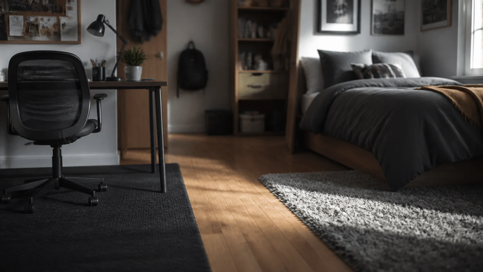 two separate rugs marking a desk zone and a bed zone