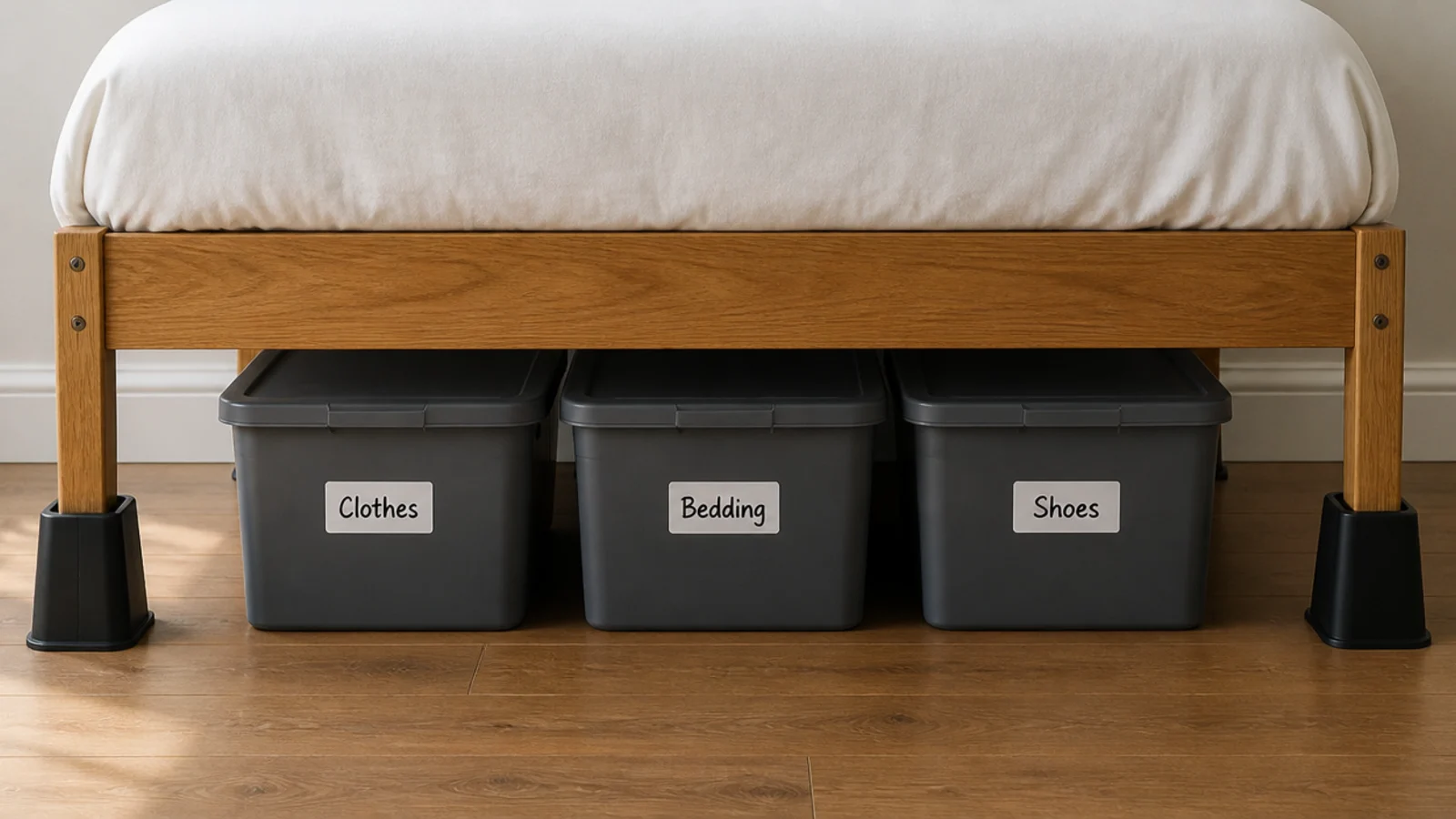 black bed risers lifting a frame above three labelled storage boxes