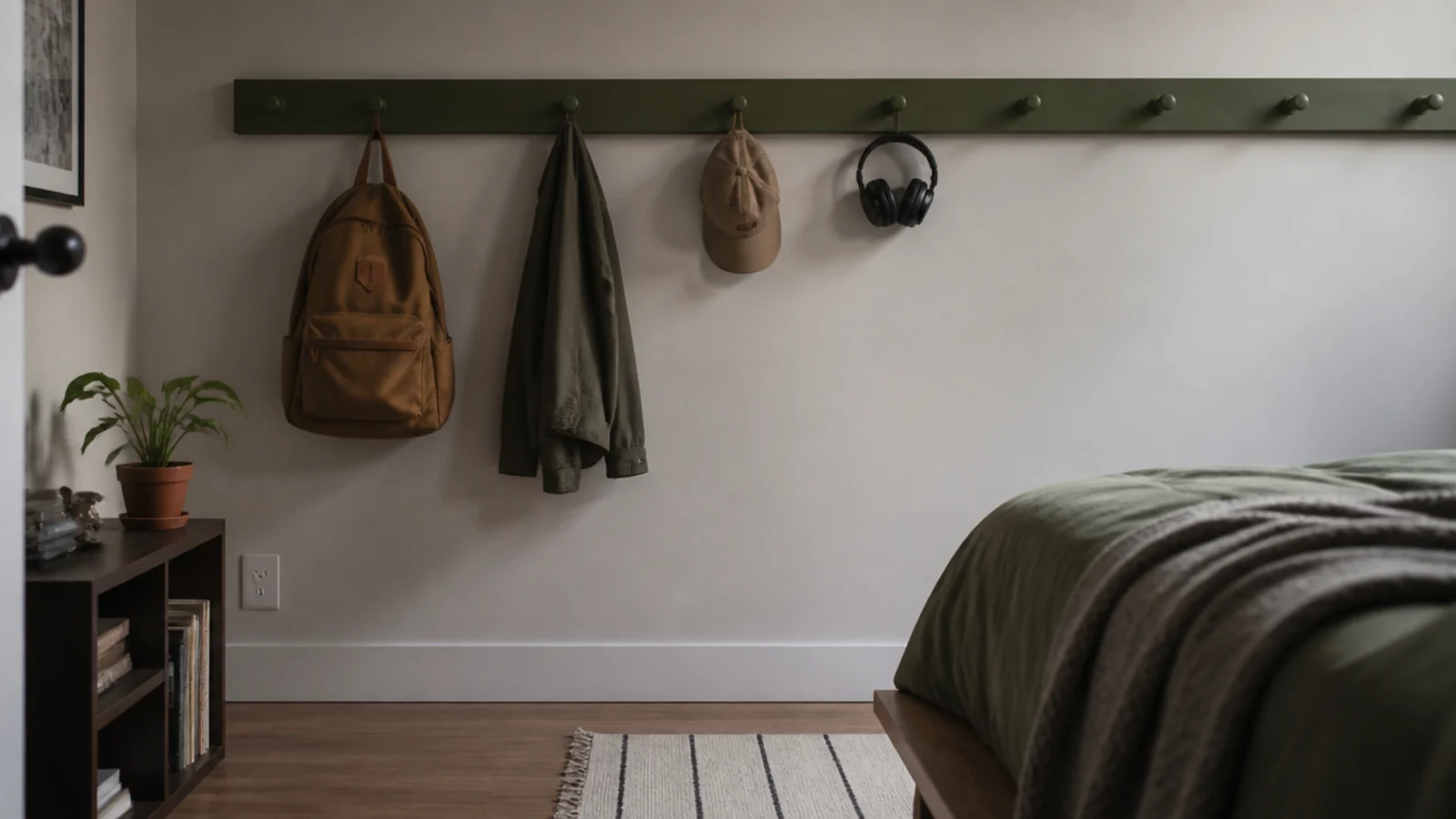 long timber peg rail carrying bags a jacket and headphones