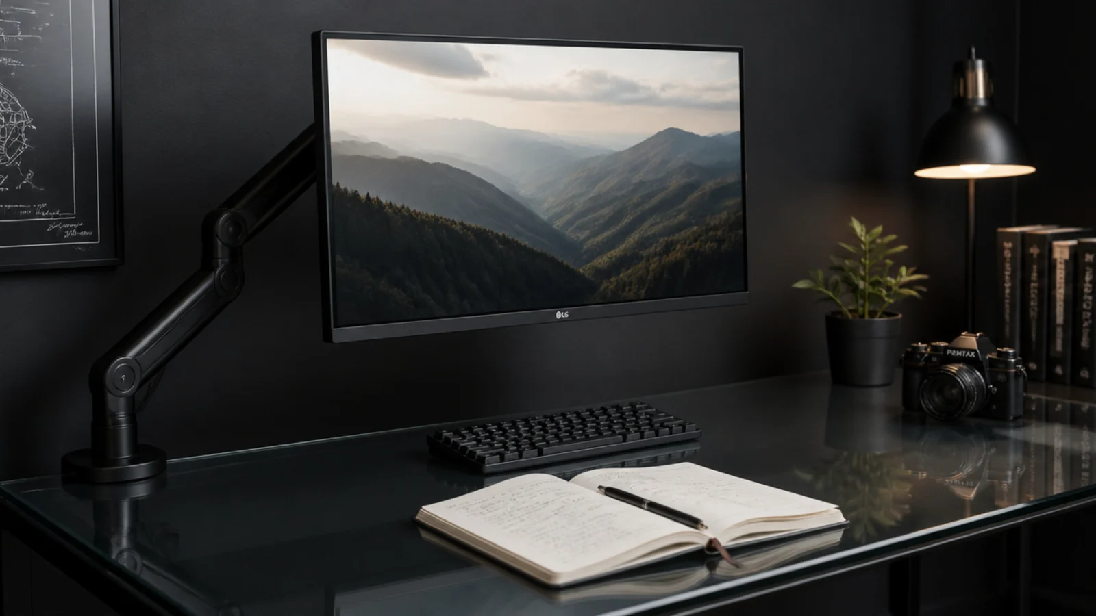 monitor floating on a clamp arm above a completely clear desk