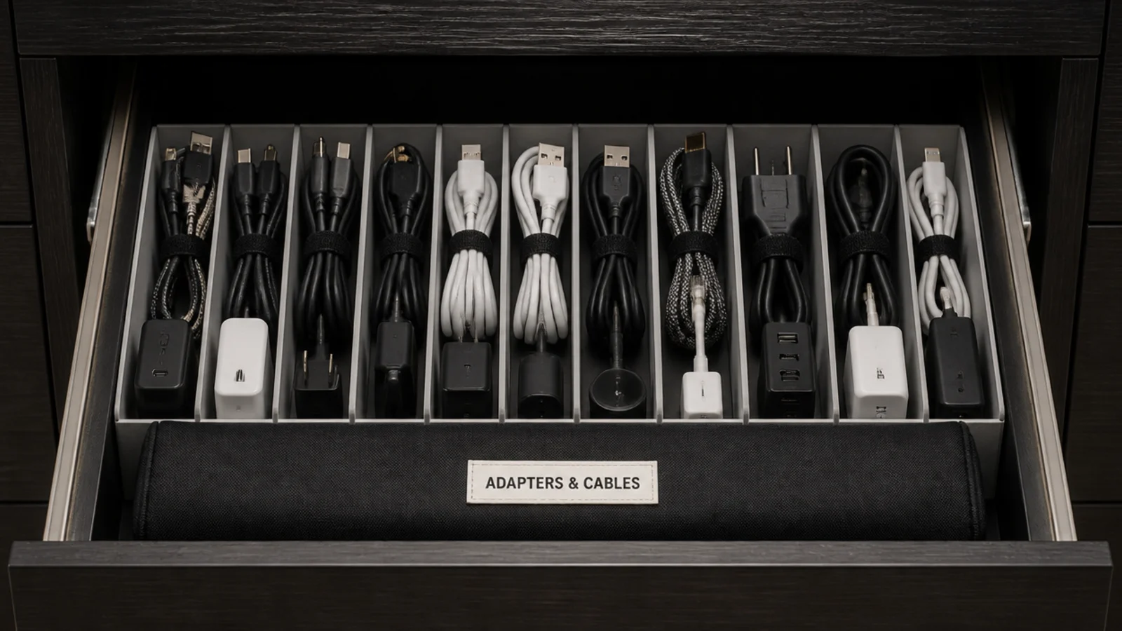deep drawer open showing coiled cables and adapters in dividers