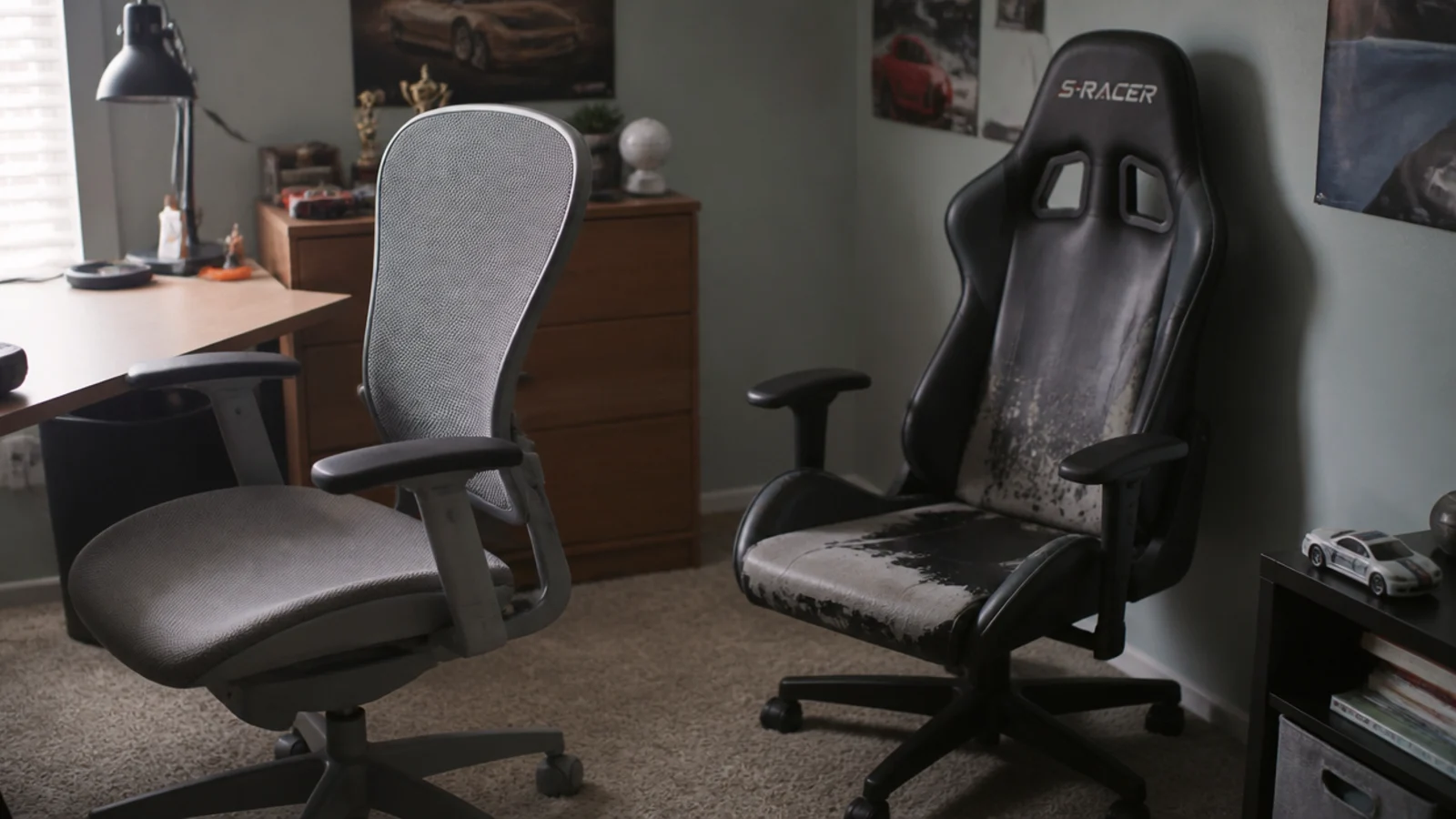 mesh task chair beside a discarded racing style gaming chair
