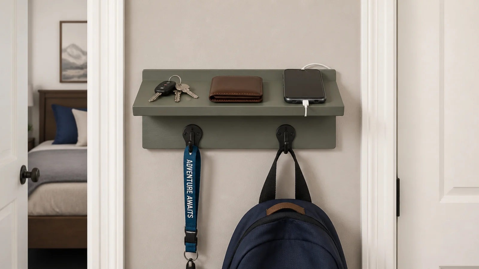 narrow shelf just inside a bedroom door holding keys and a wallet