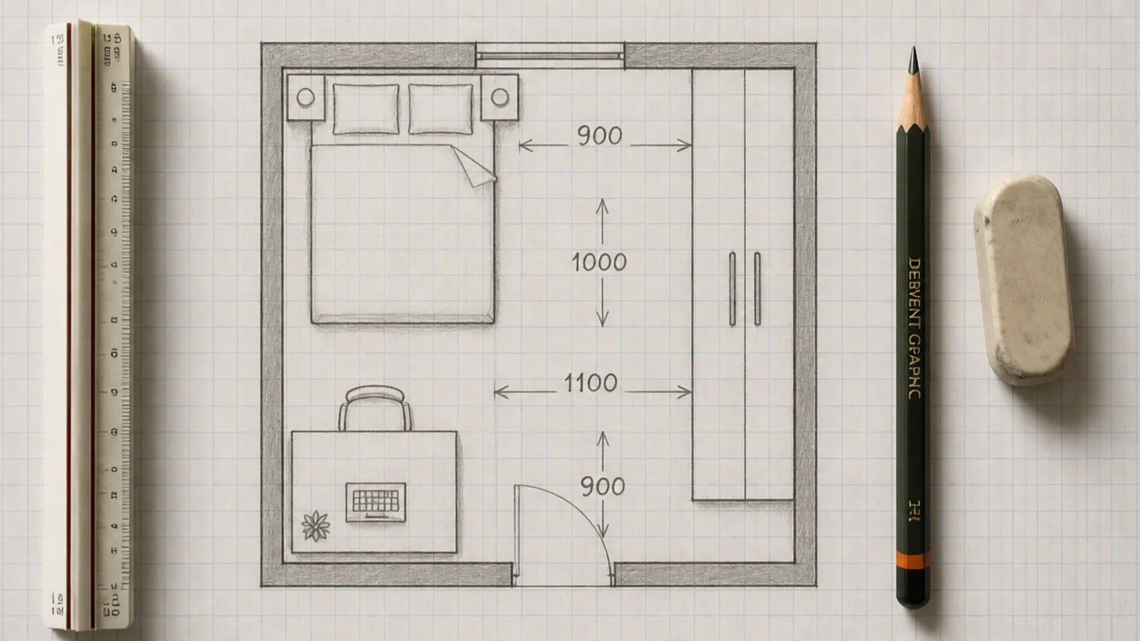 pencilled floor plan of a bedroom with walkway widths marked on paper