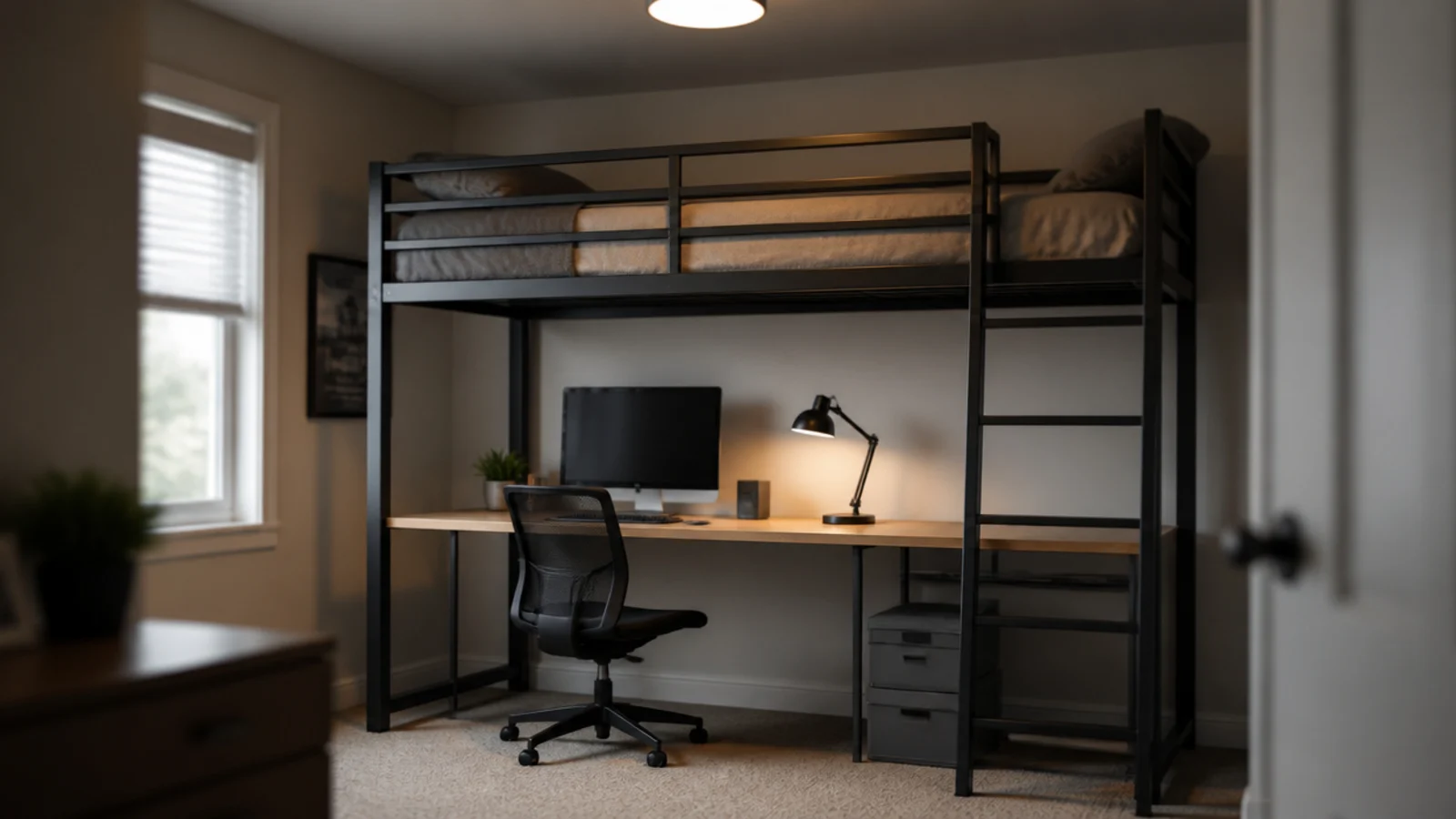 loft bed with a full desk and chair fitted in the space below