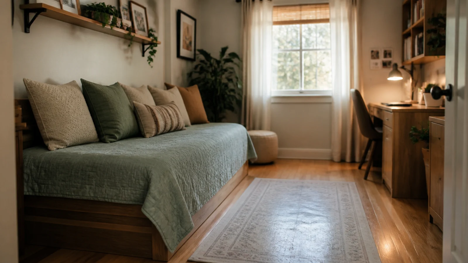 single bed set long side to the wall opening a strip of floor