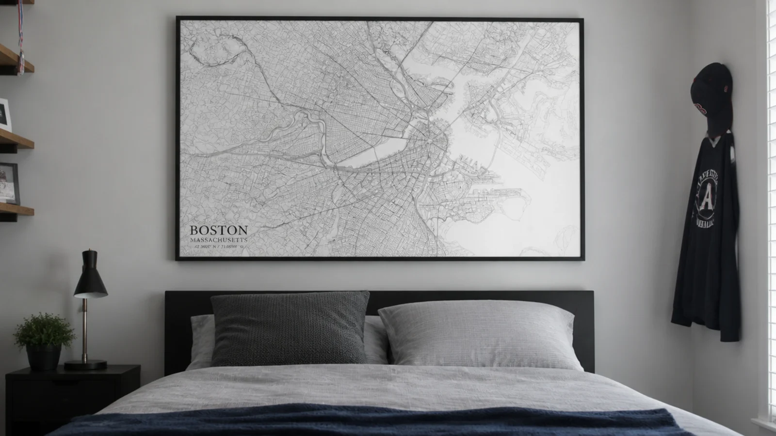 oversized framed city map filling the wall above a teenage bed