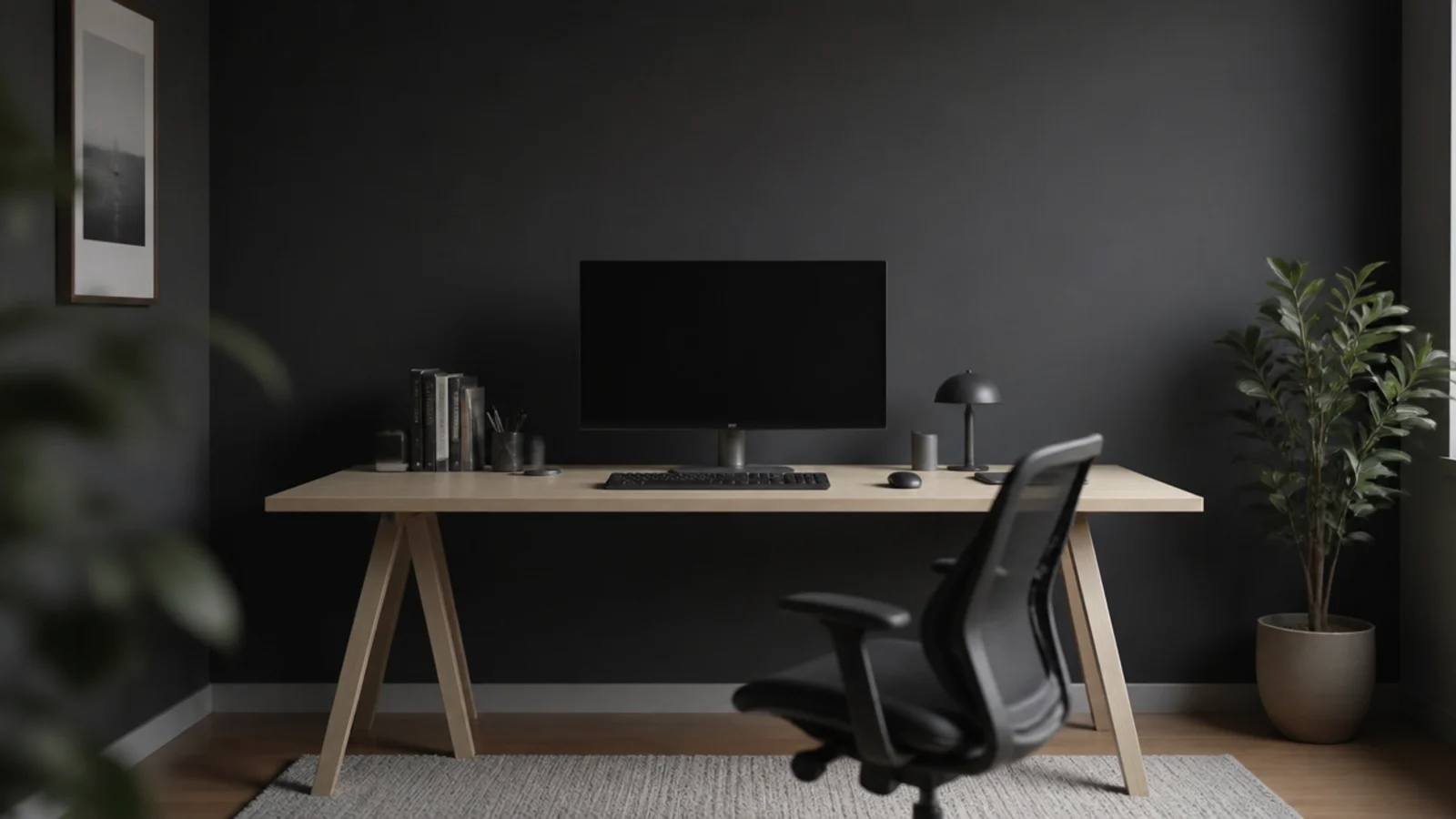 deep charcoal painted wall sitting directly behind a monitor and desk