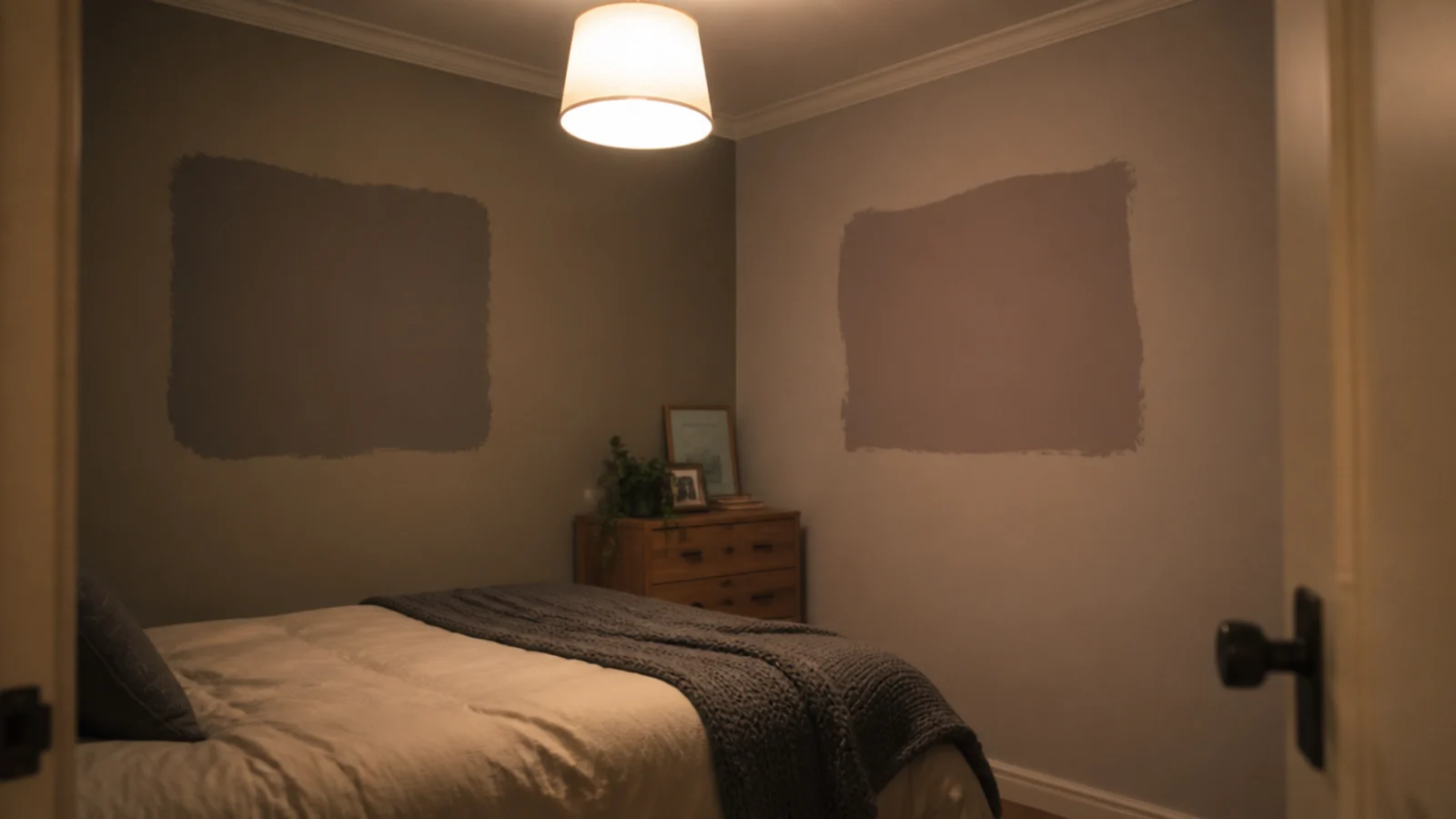two large paint samples on opposite walls viewed under lamp light