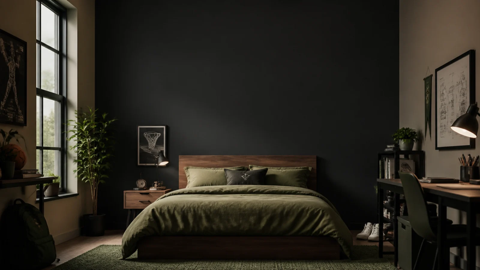 tall teen boy bedroom paint view with charcoal wall and greige walls