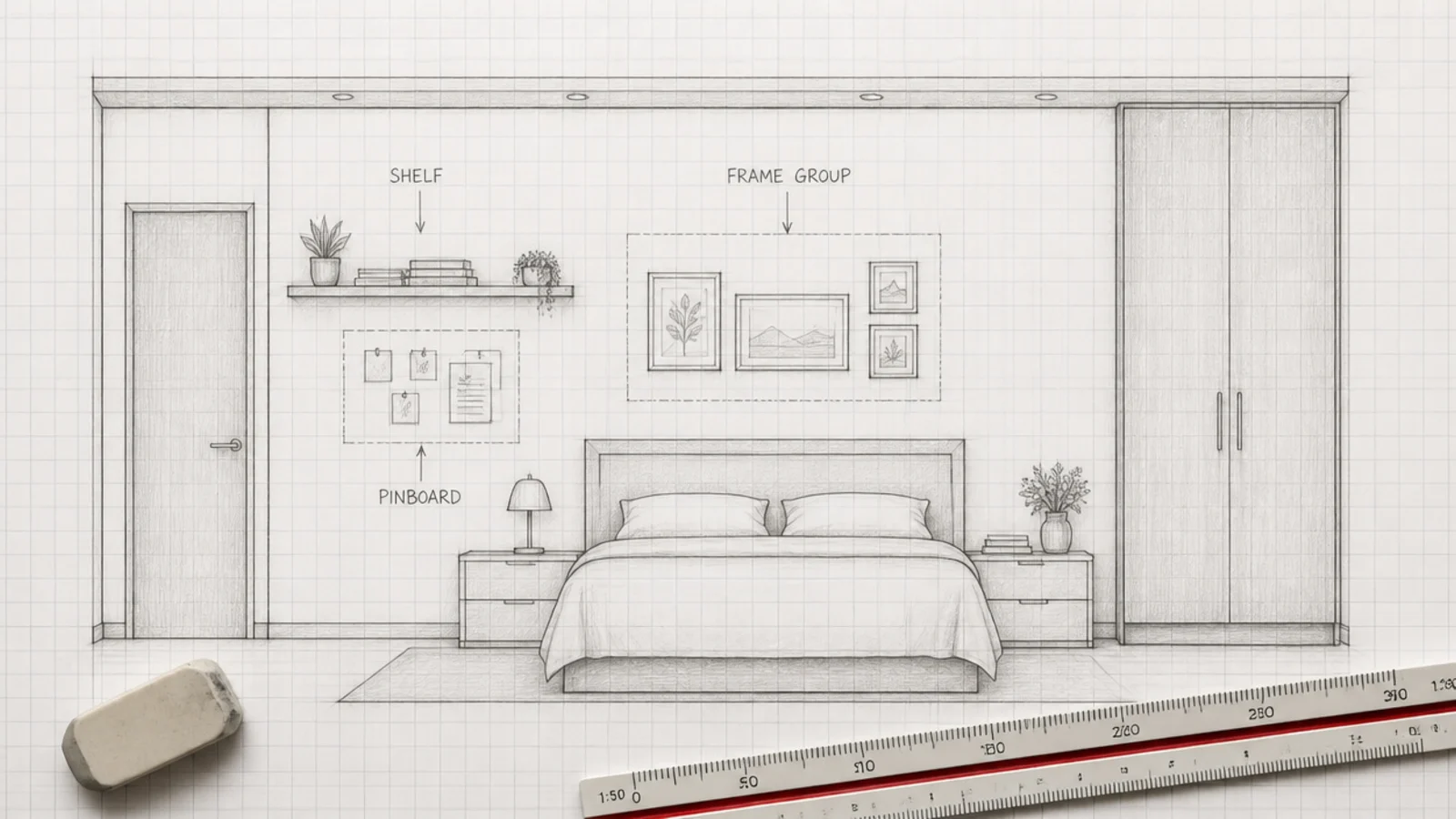 sketch of a bedroom wall elevation with zones blocked out in pencil