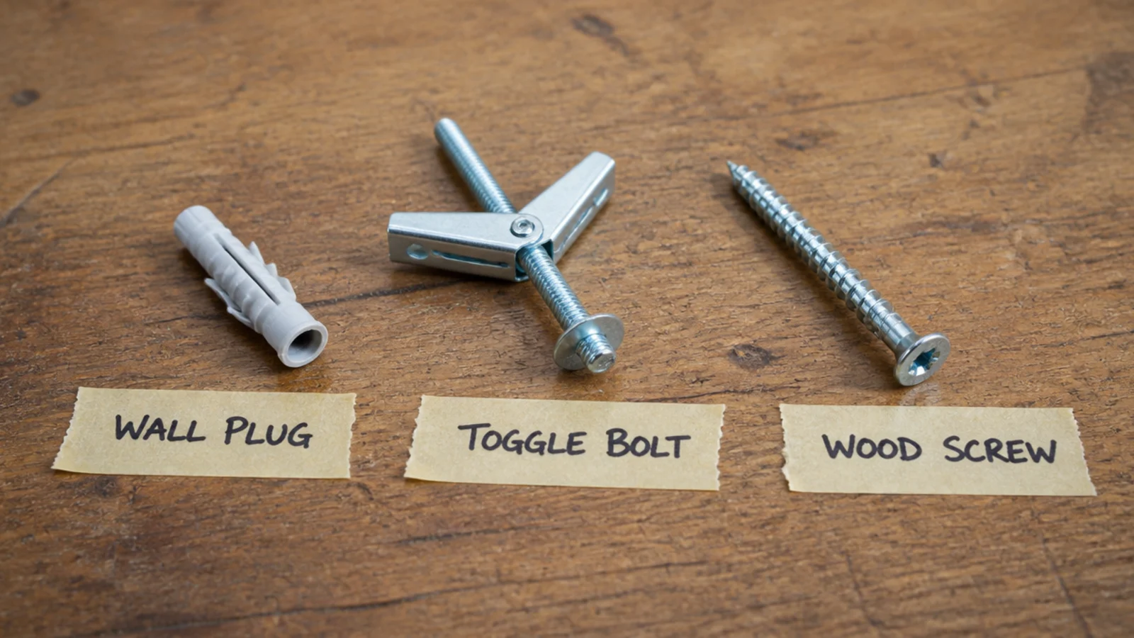 plastic plug toggle bolt and wood screw compared side by side