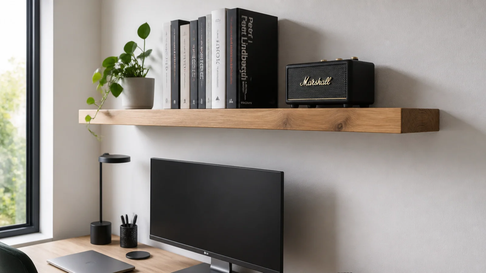 floating shelf mounted above a desk with clearance above the monitor