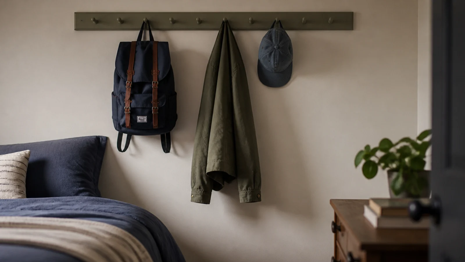 timber peg rail fixed high on a wall carrying a bag and jacket