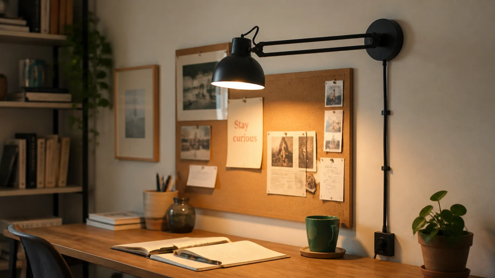 wall mounted swing arm lamp lighting a pinboard and desk below