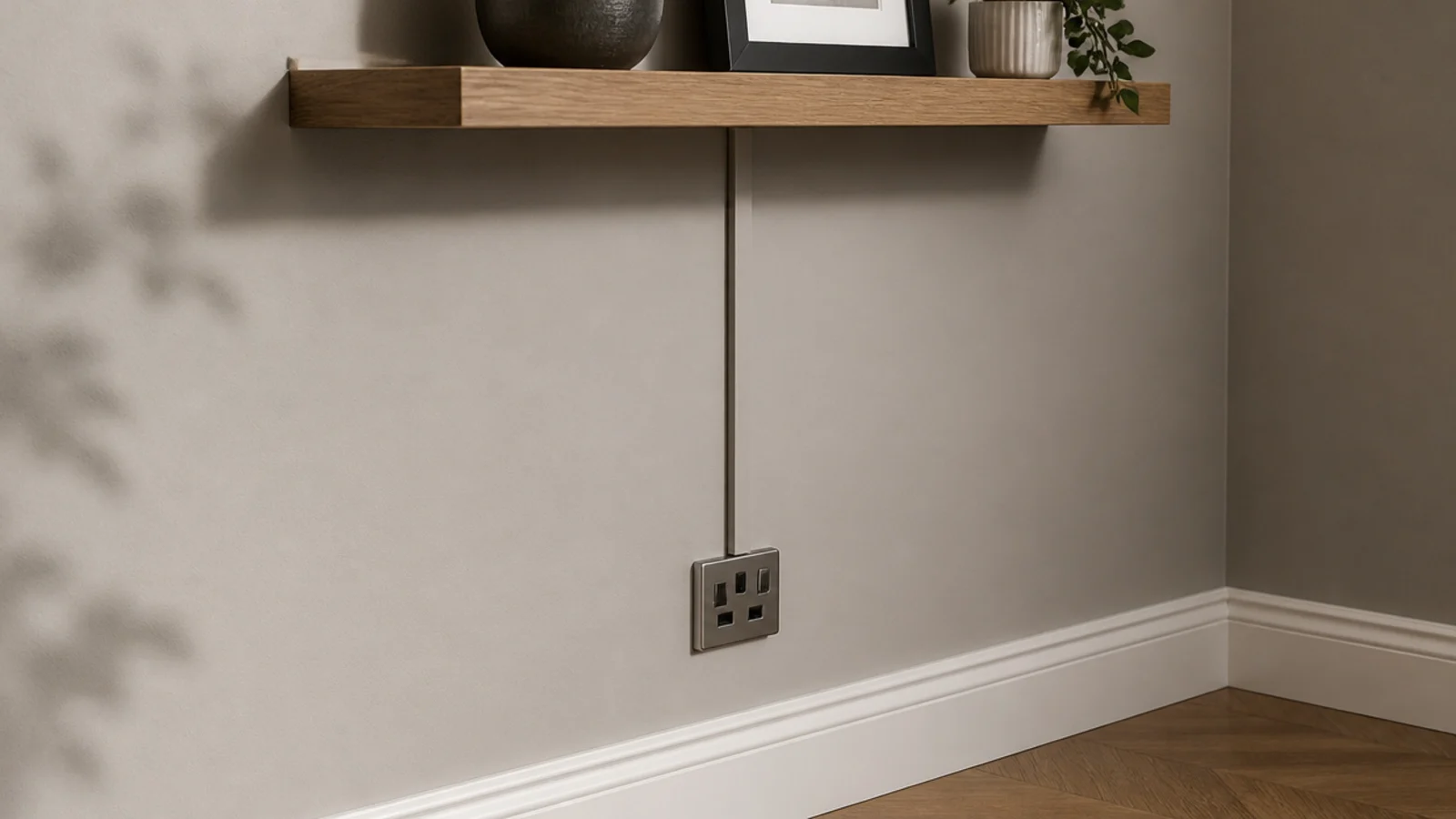 cable channel painted wall colour running behind a mounted shelf