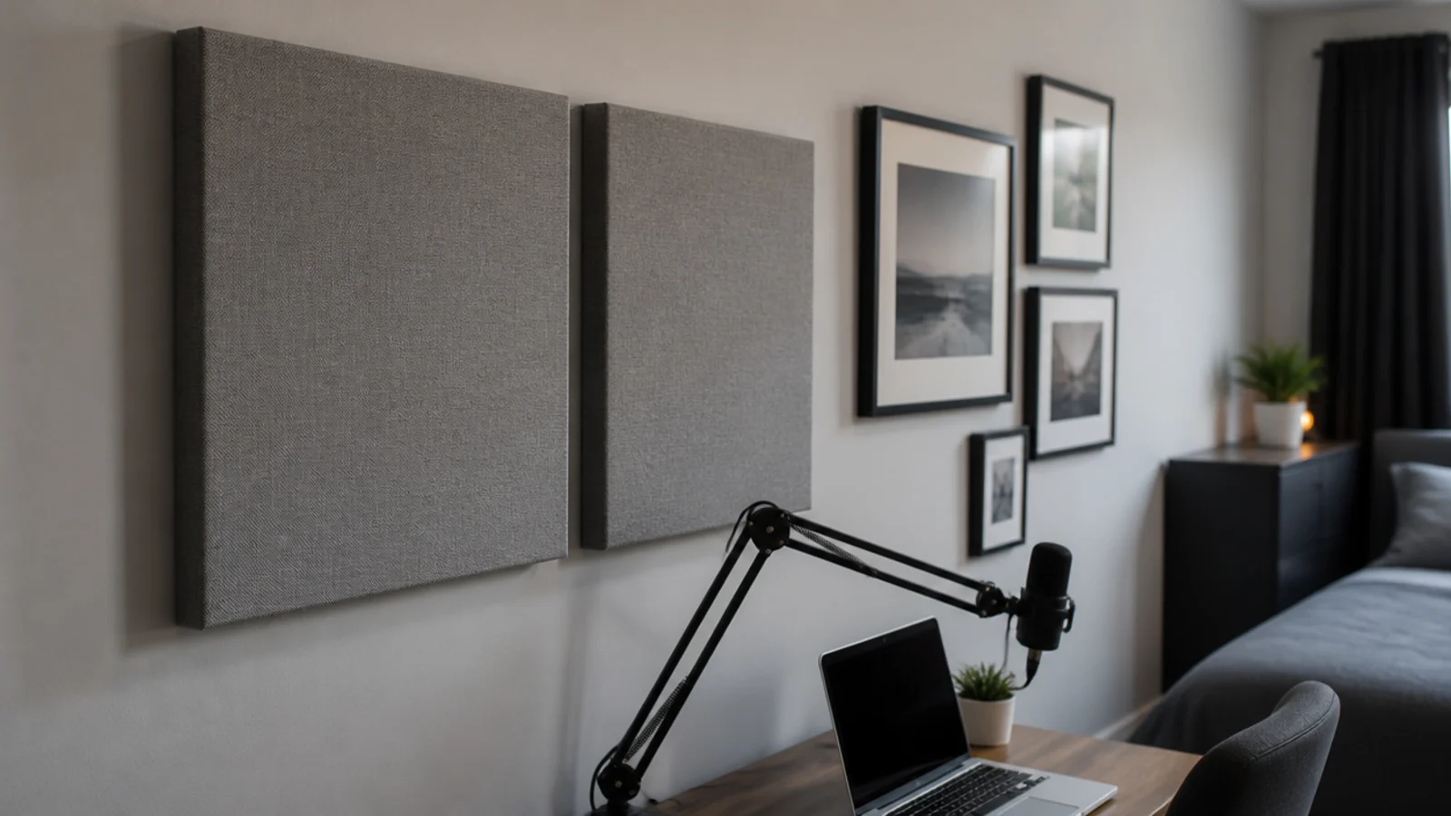 two fabric acoustic panels mounted beside a frame group on a wall