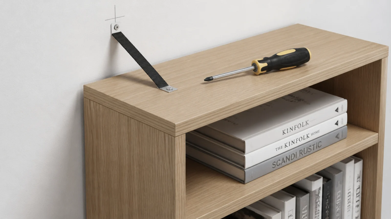 anti tip strap linking a tall shelf unit to a marked wall stud