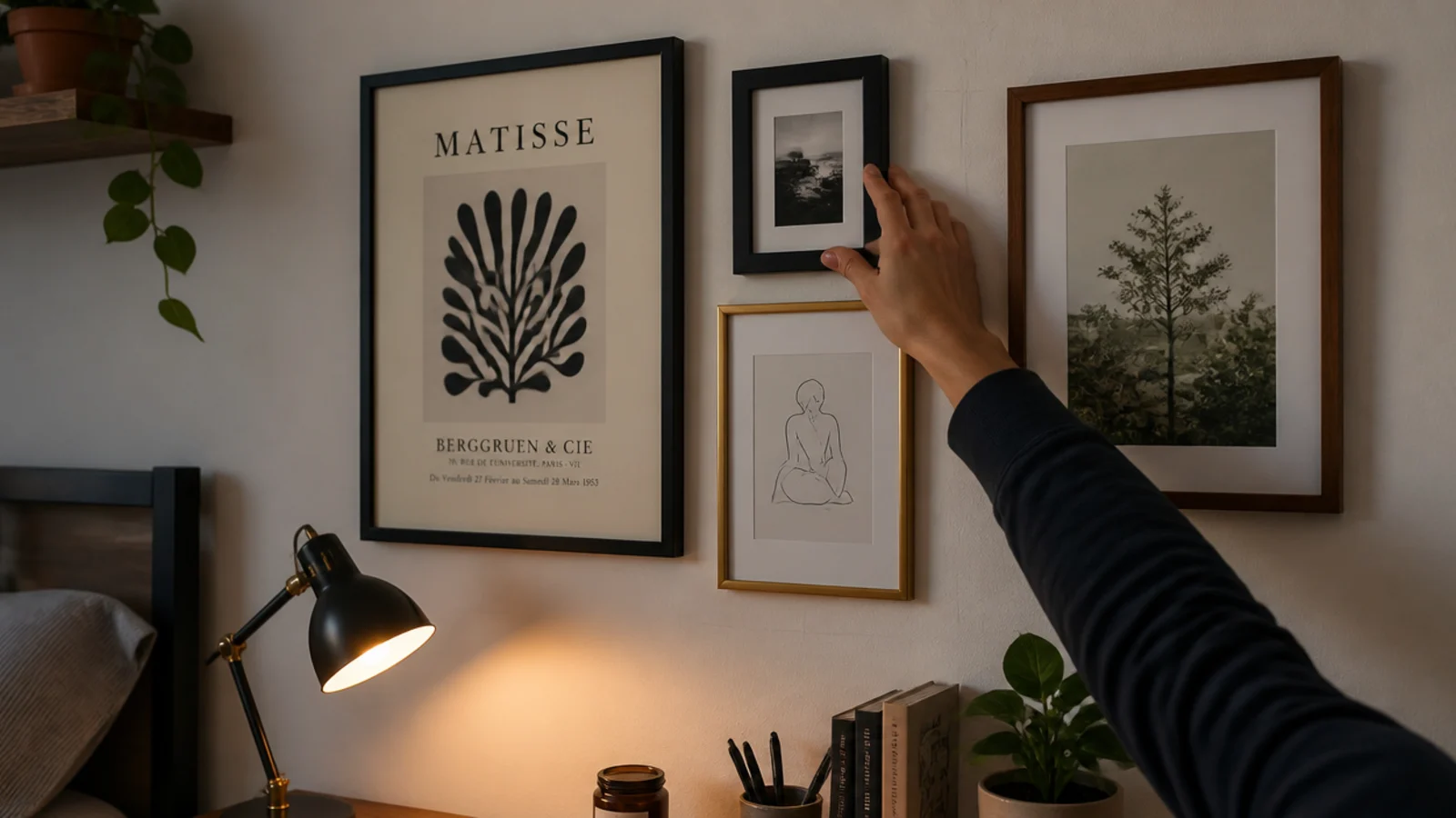hand shifting a small frame slightly on a finished bedroom wall