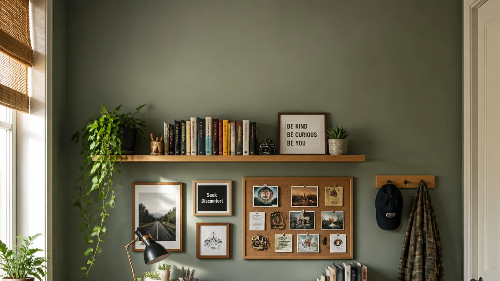 tall view of teen boy bedroom wall ideas with shelf frames and rail