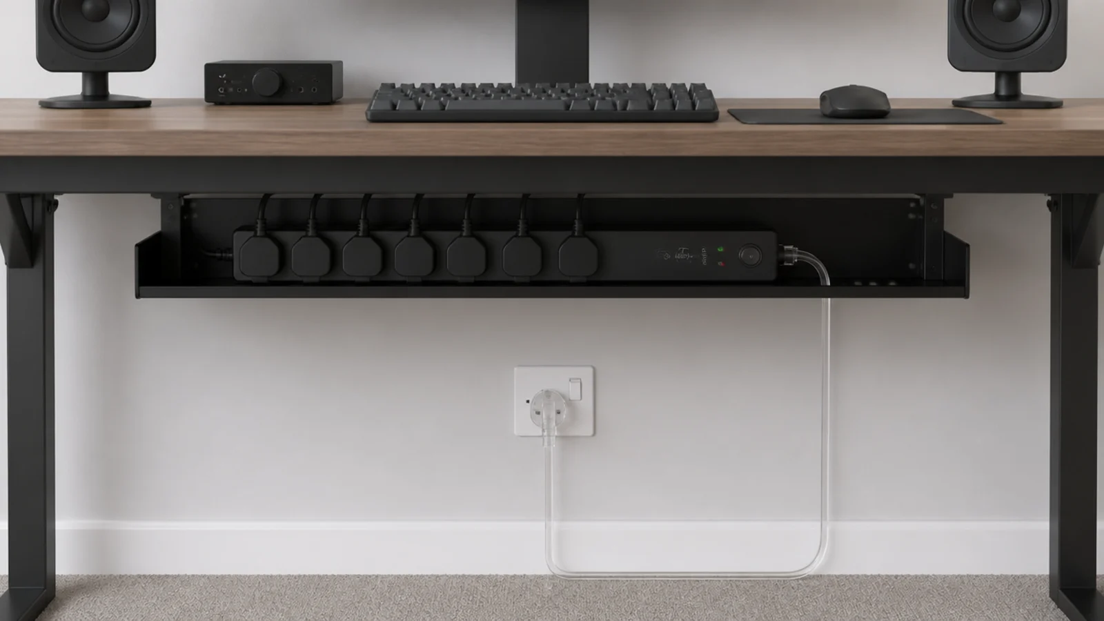 single extension lead feeding a full desk setup from one socket
