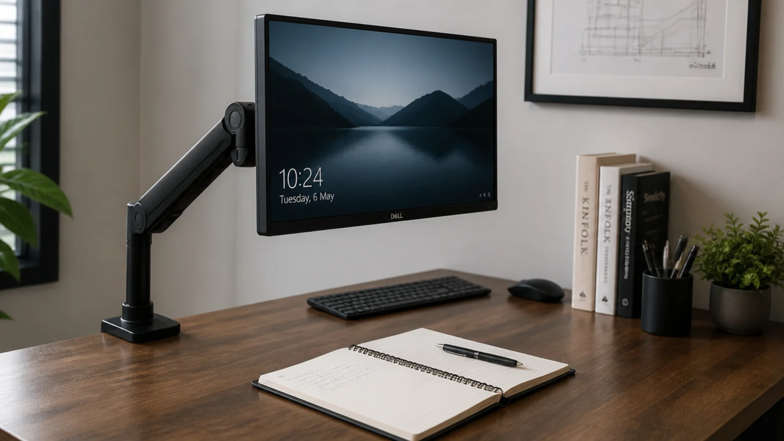 clamp monitor arm holding a screen above a cleared desk surface